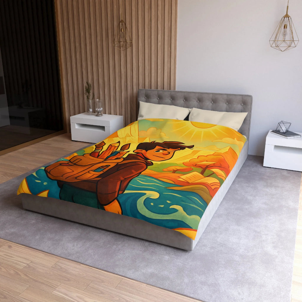 Housse de couette artistique colorée avec paysage lumineux et personnage aventureux dessiné