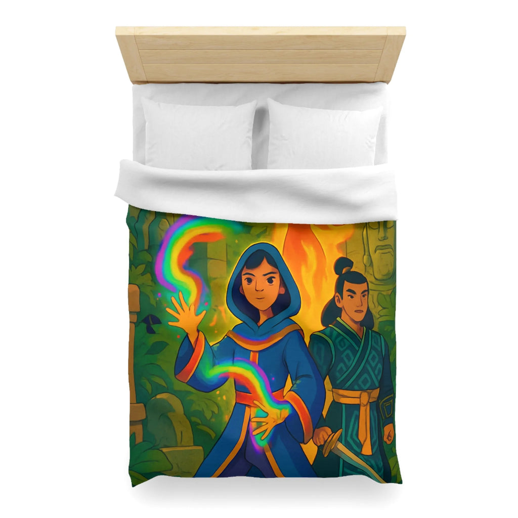 Housse de couette magique colorée : aventure mystique avec personnages énigmatiques et feu flamboyant