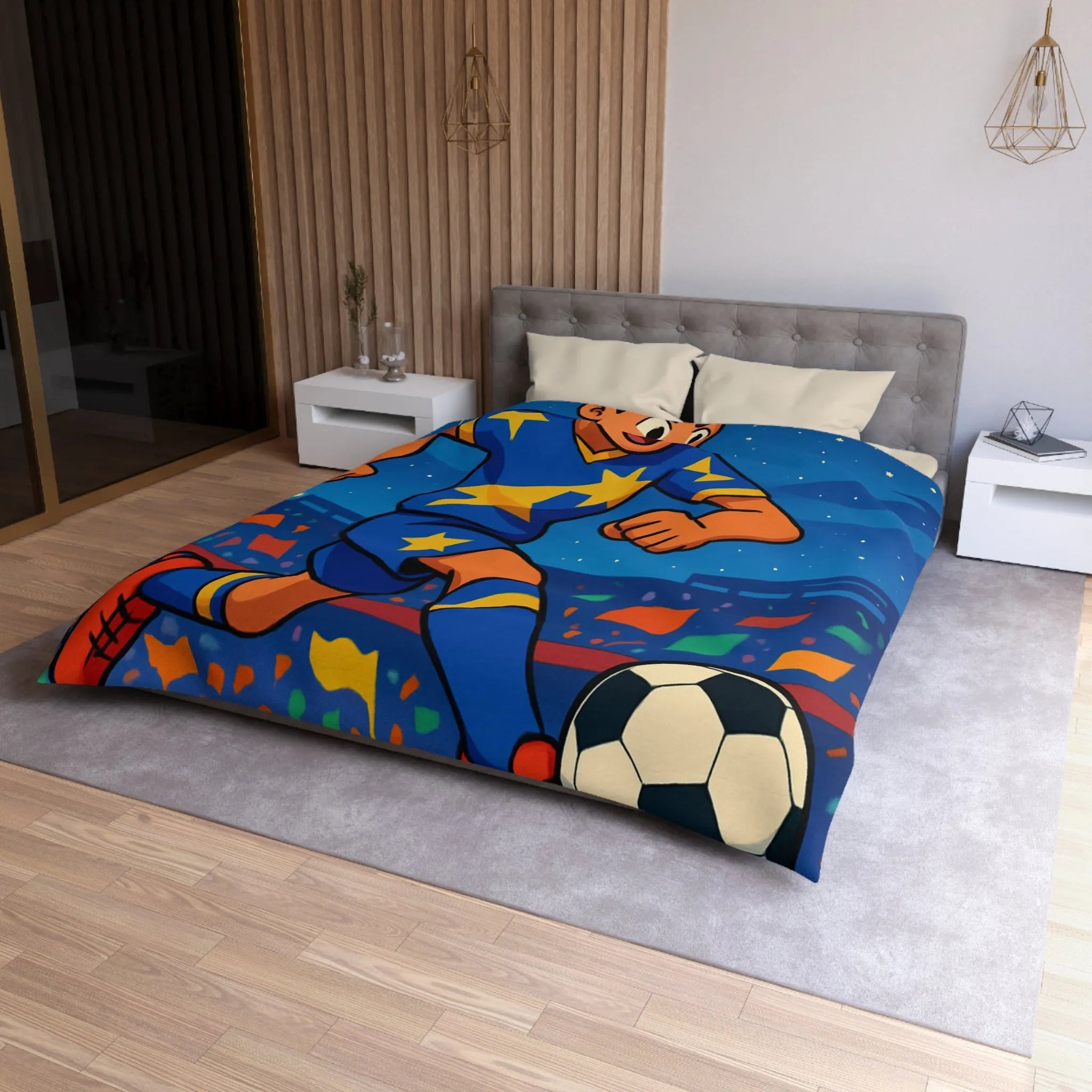 Housse de couette colorée avec joueur de football en action sous ciel étoilé