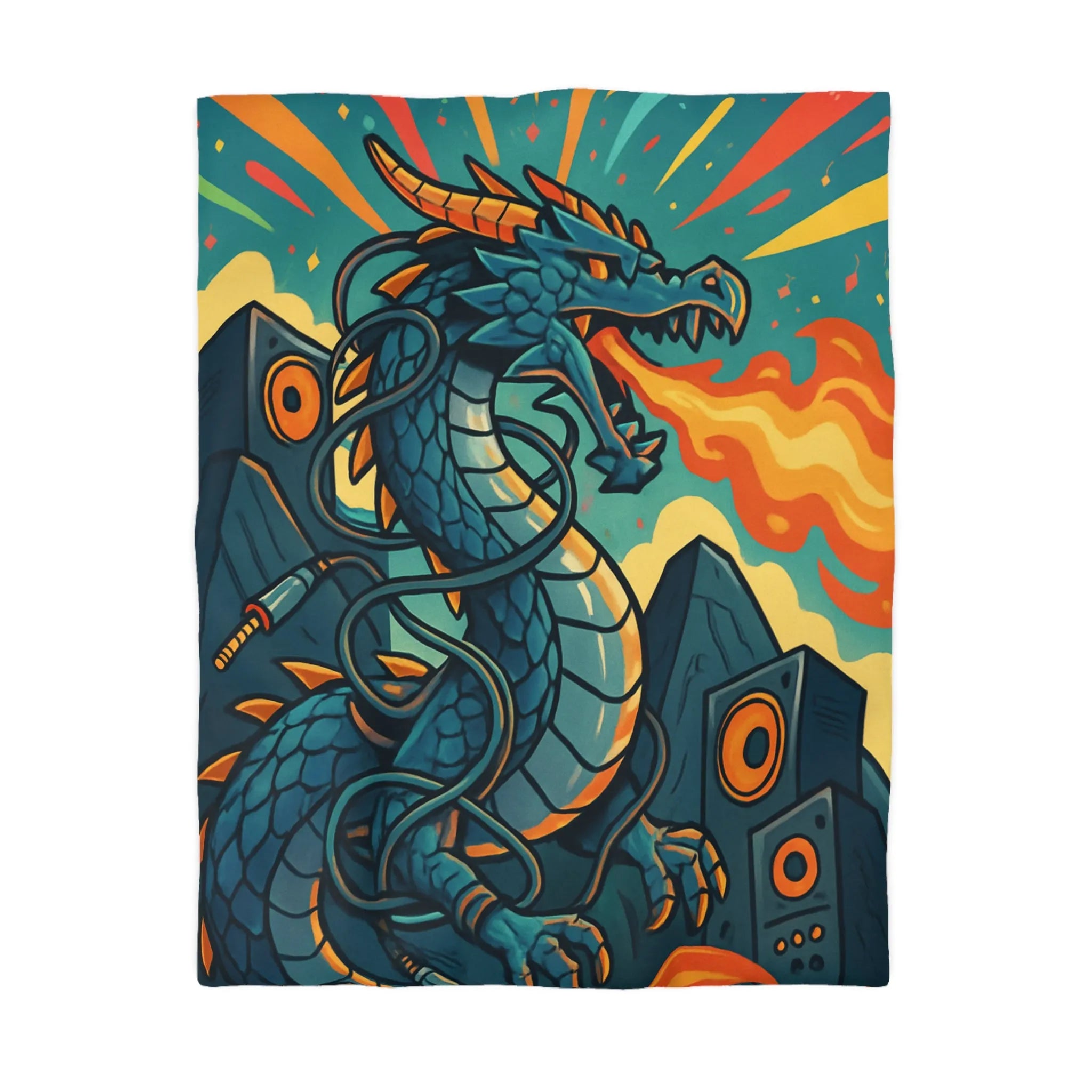 Housse de couette avec dragon fantaisie émettant flammes et musique vibrante rétro