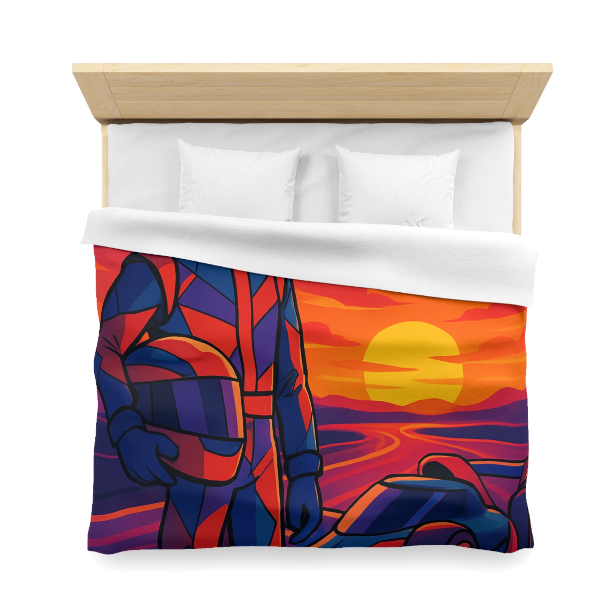 Housse de couette motif pilote de course et voiture au coucher du soleil vibrant