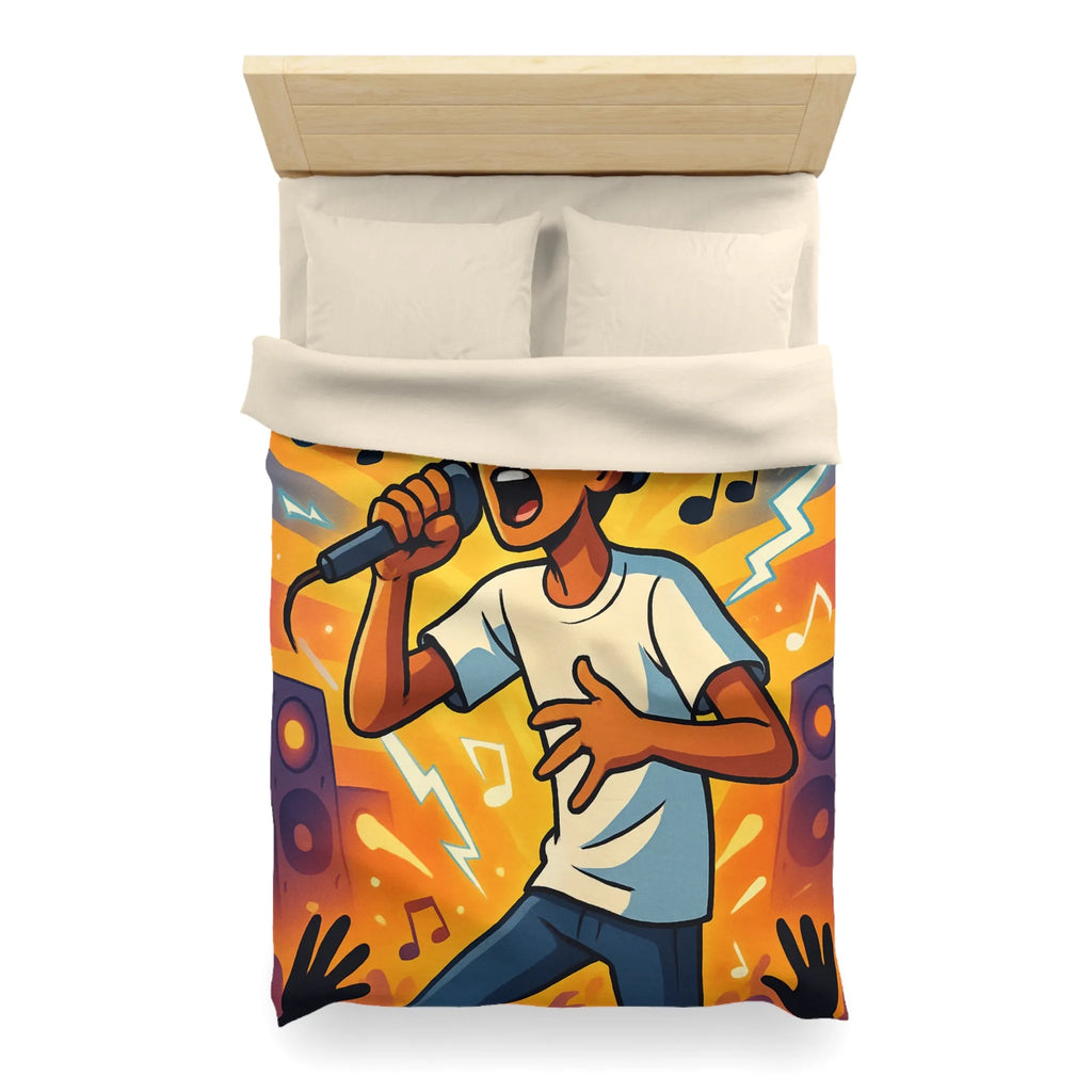Housse de couette ambiance concert urbain avec chanteur et éclairs musicaux colorés