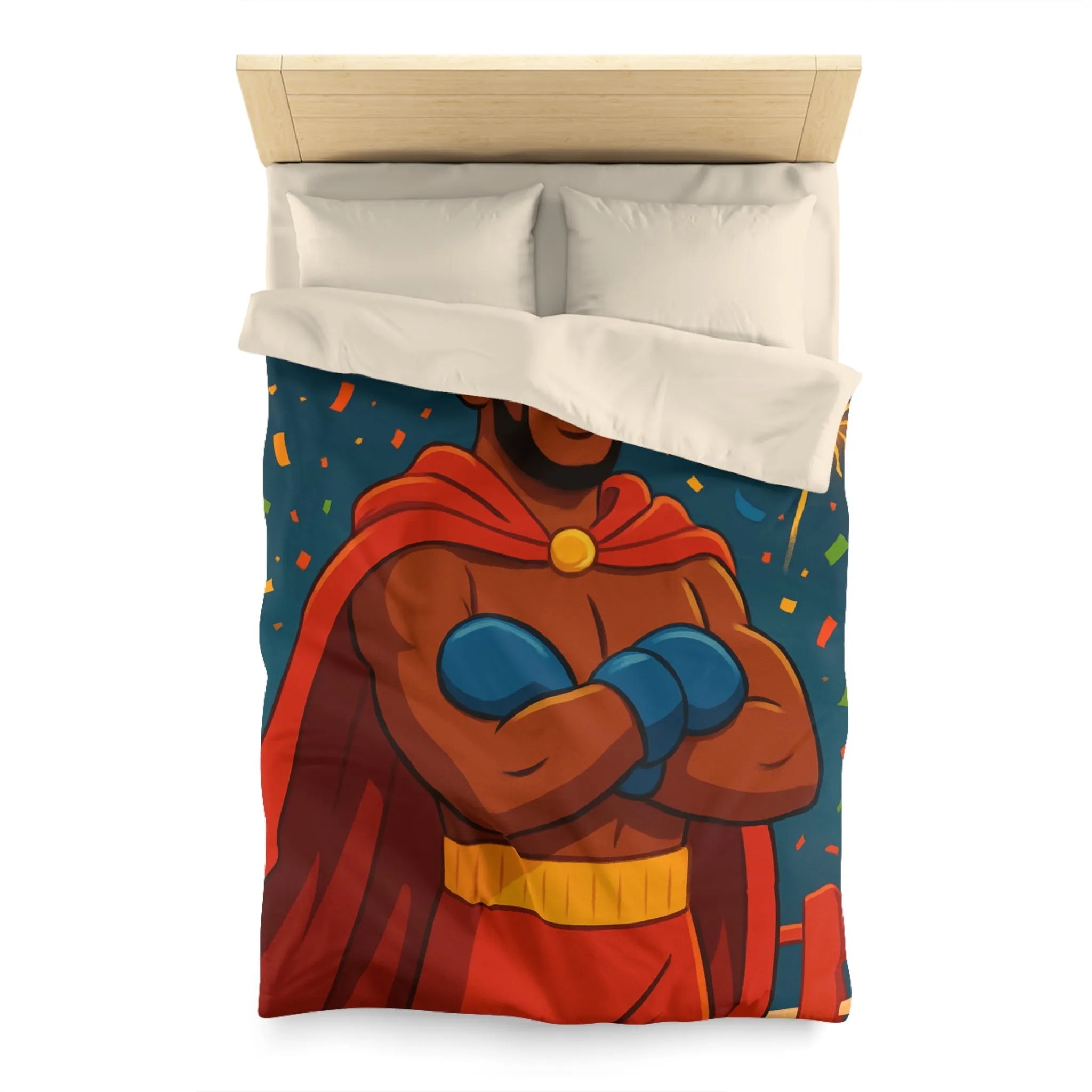 Housse de couette colorée avec boxeur couronné, cape rouge et feux d'artifice