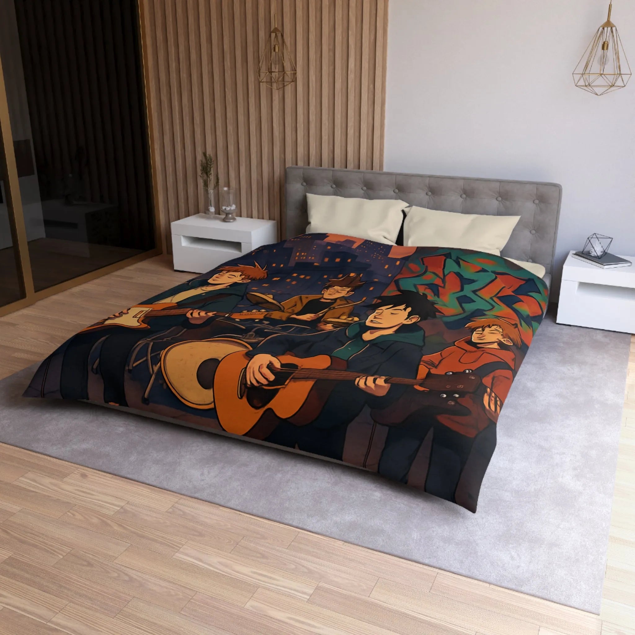 Housse de couette avec illustration de groupe jouant sur toit urbain au crépuscule