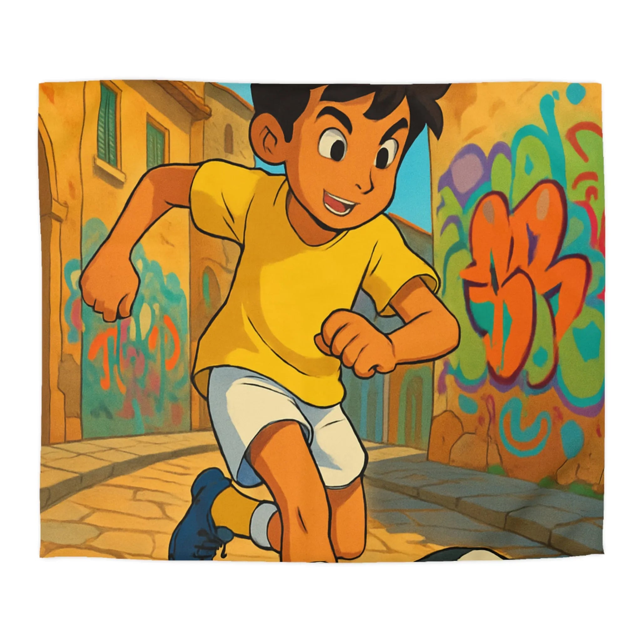 Housse de couette jaune enfant illustrant garçon jouant au football dans une ruelle colorée