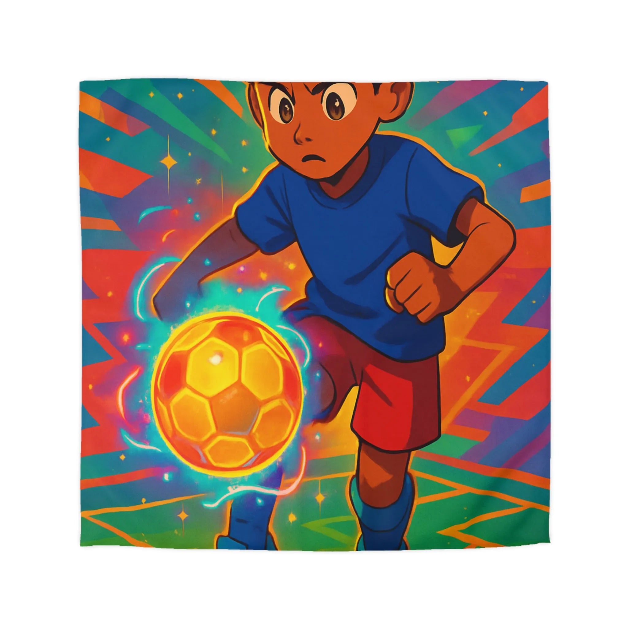 Housse de Couette Colorée Enfant Jouant au Football avec Effet Lumineux Éclatant