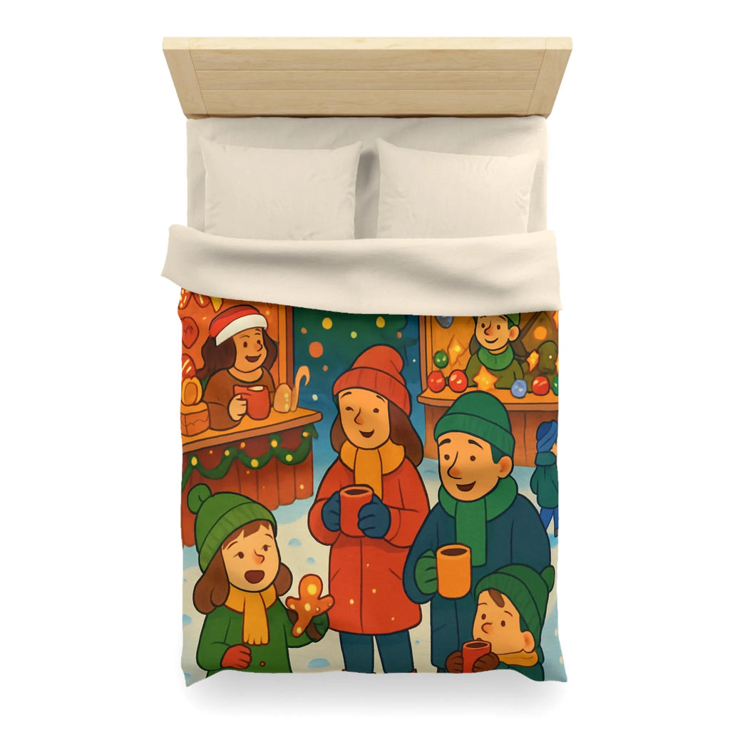 Housse de couette chaleureuse illustrant une scène festive de marché de Noël joyeux