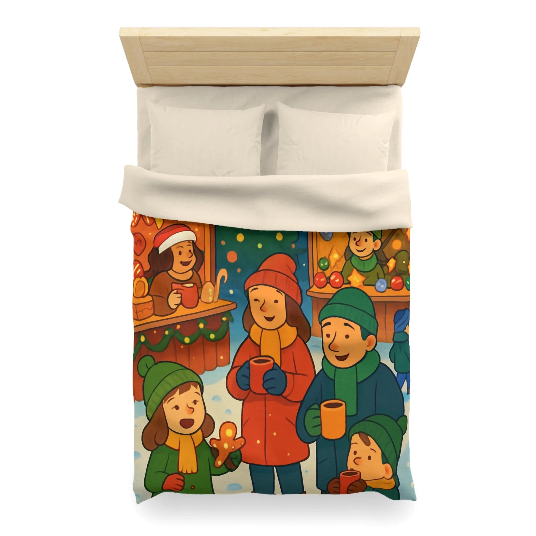 Housse de couette chaleureuse illustrant une scène festive de marché de Noël joyeux