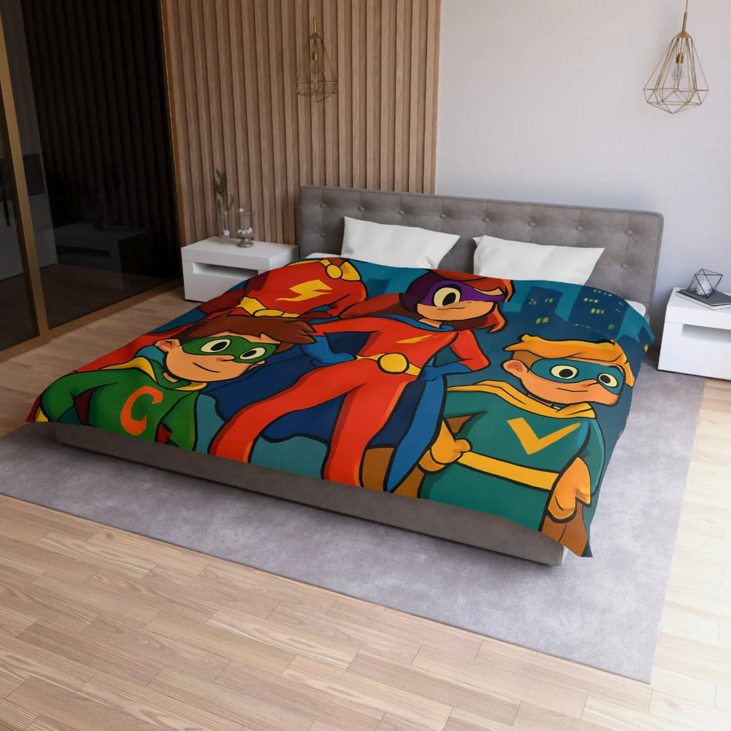 Housse de couette colorée super-héros pour enfants avec scène urbaine lumineuse et joyeuse