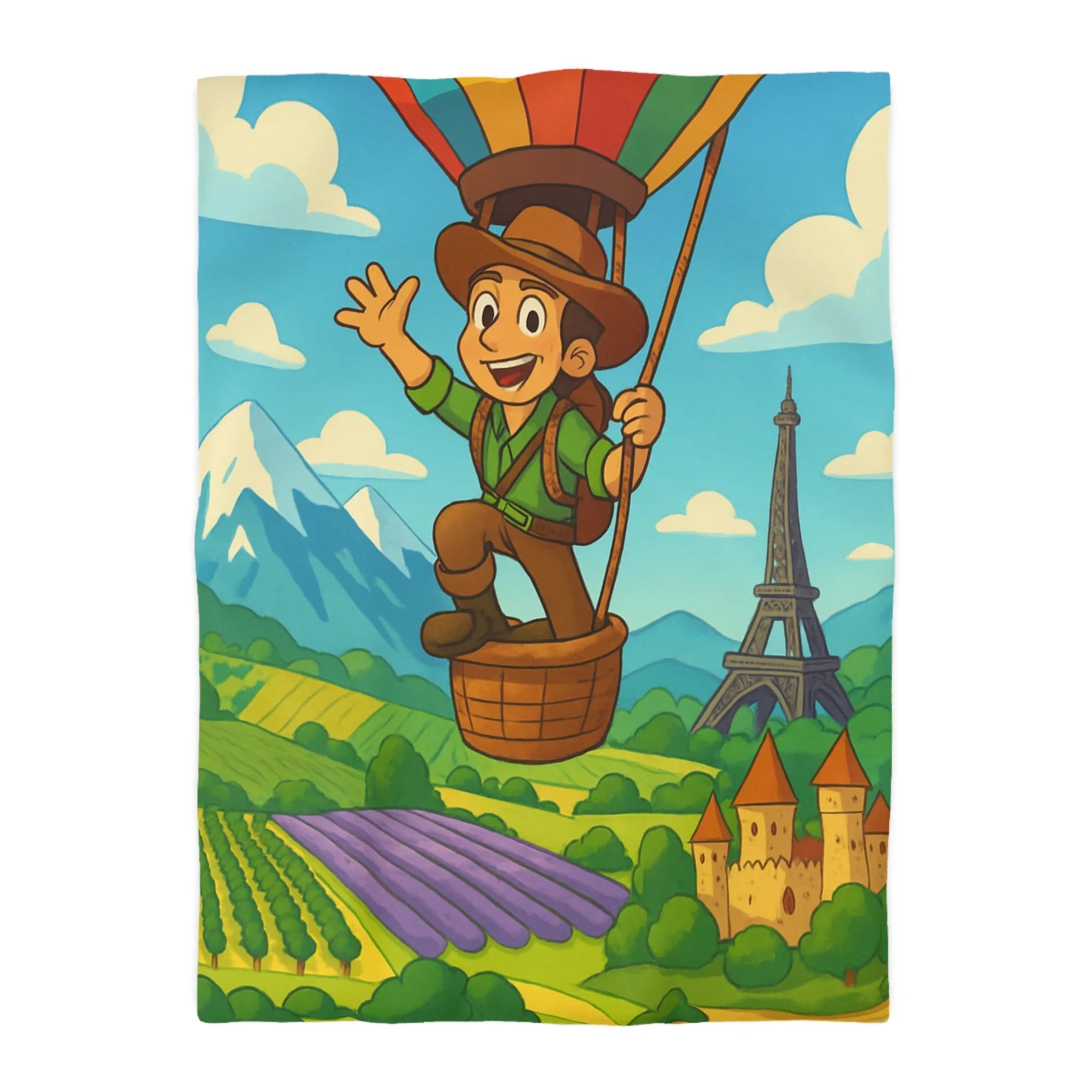 Charmant voyageur en montgolfière surplombant paysages français, champs et monuments emblématiques