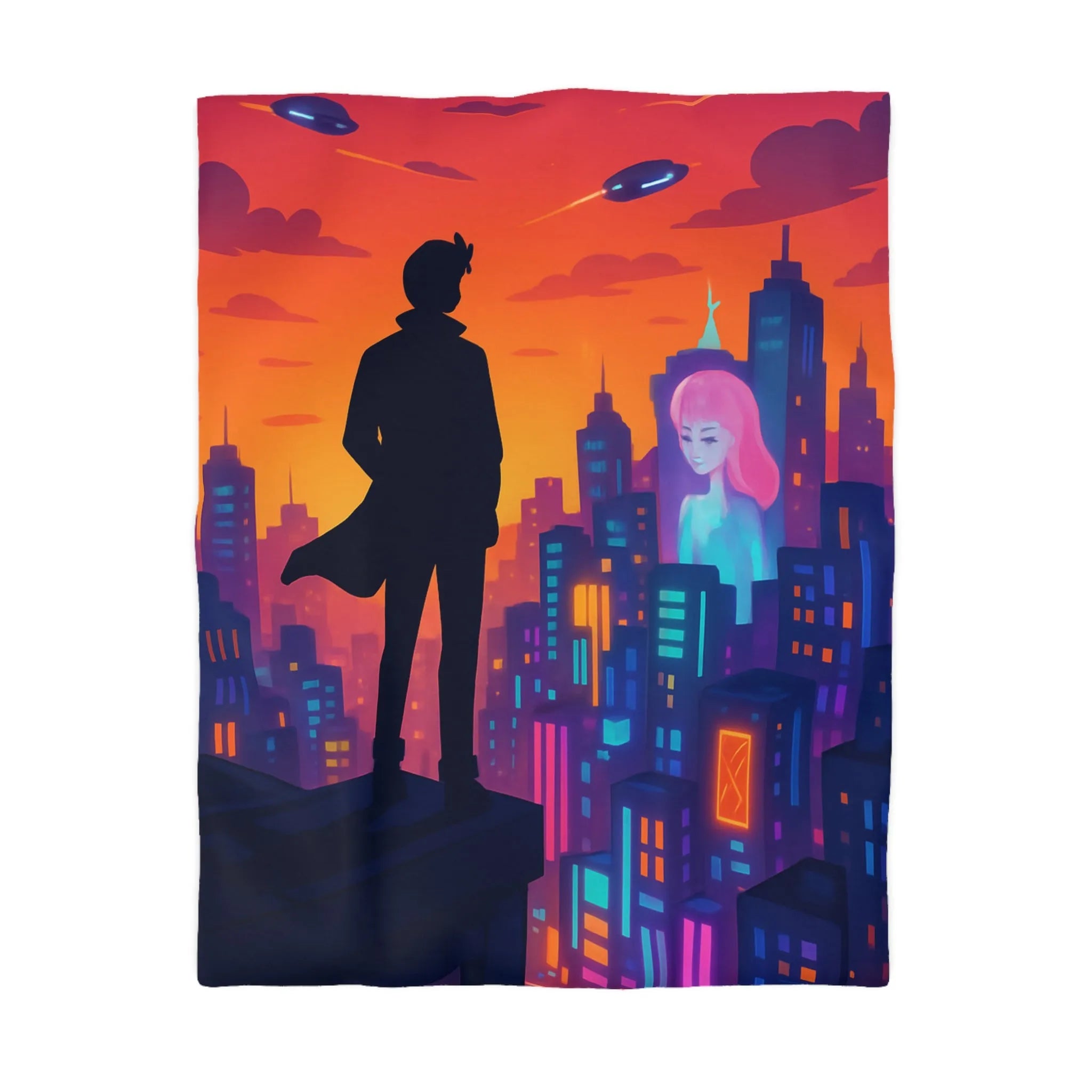 Housse de couette futuriste avec silhouette urbaine et couleurs vibrantes pour chambre moderne