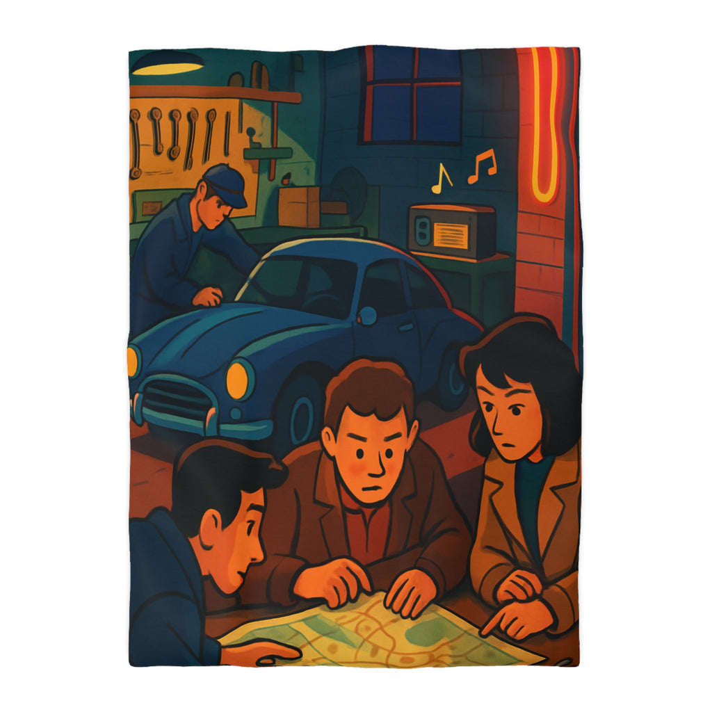 Housse de couette vintage ambiance atelier auto avec carte et personnages concentrés