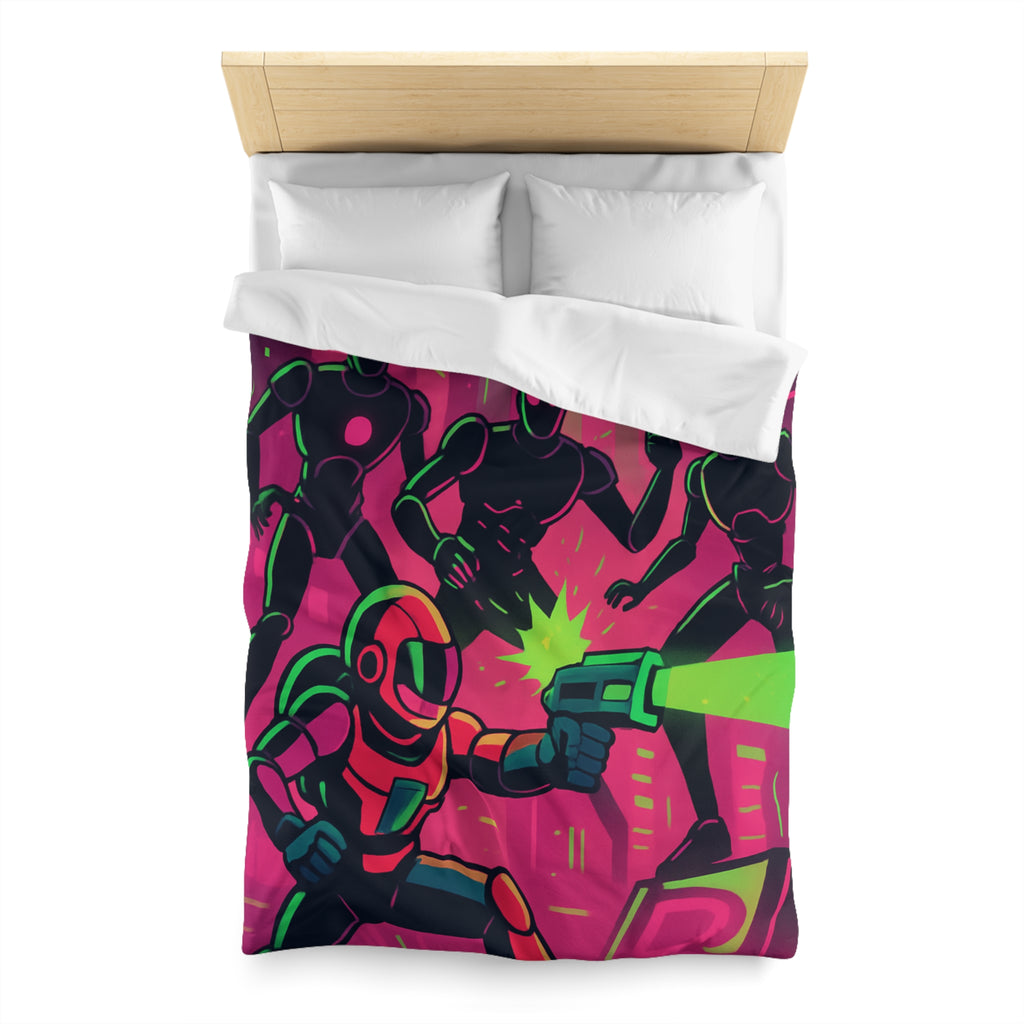 Housse de couette néon futuriste avec combat spatial, designs vifs rétro et cyberpunk