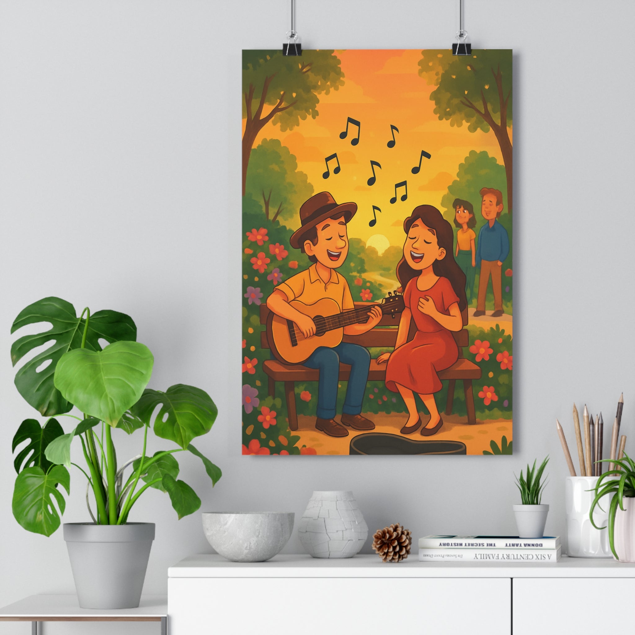 Poster décoratif romantique guitare fleurs orangé cartoon joyeux salon chambre parc ambiance chaleureuse qualité