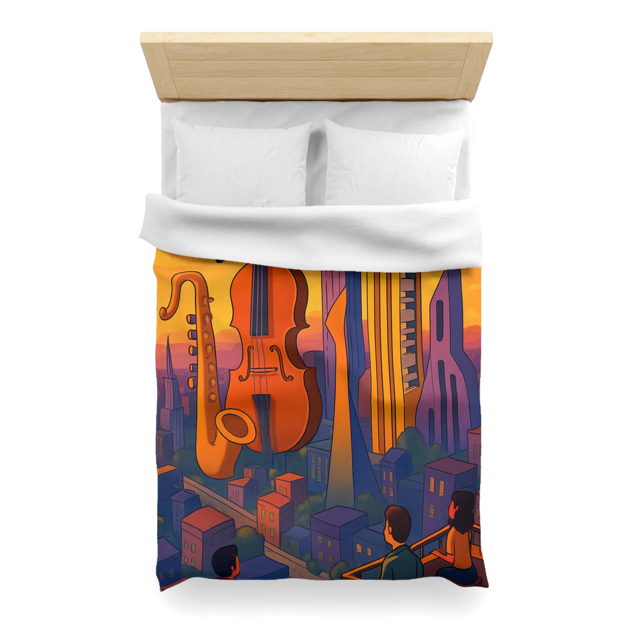 Housse de couette urbaine avec des instruments géants flottant au coucher de soleil vibrant