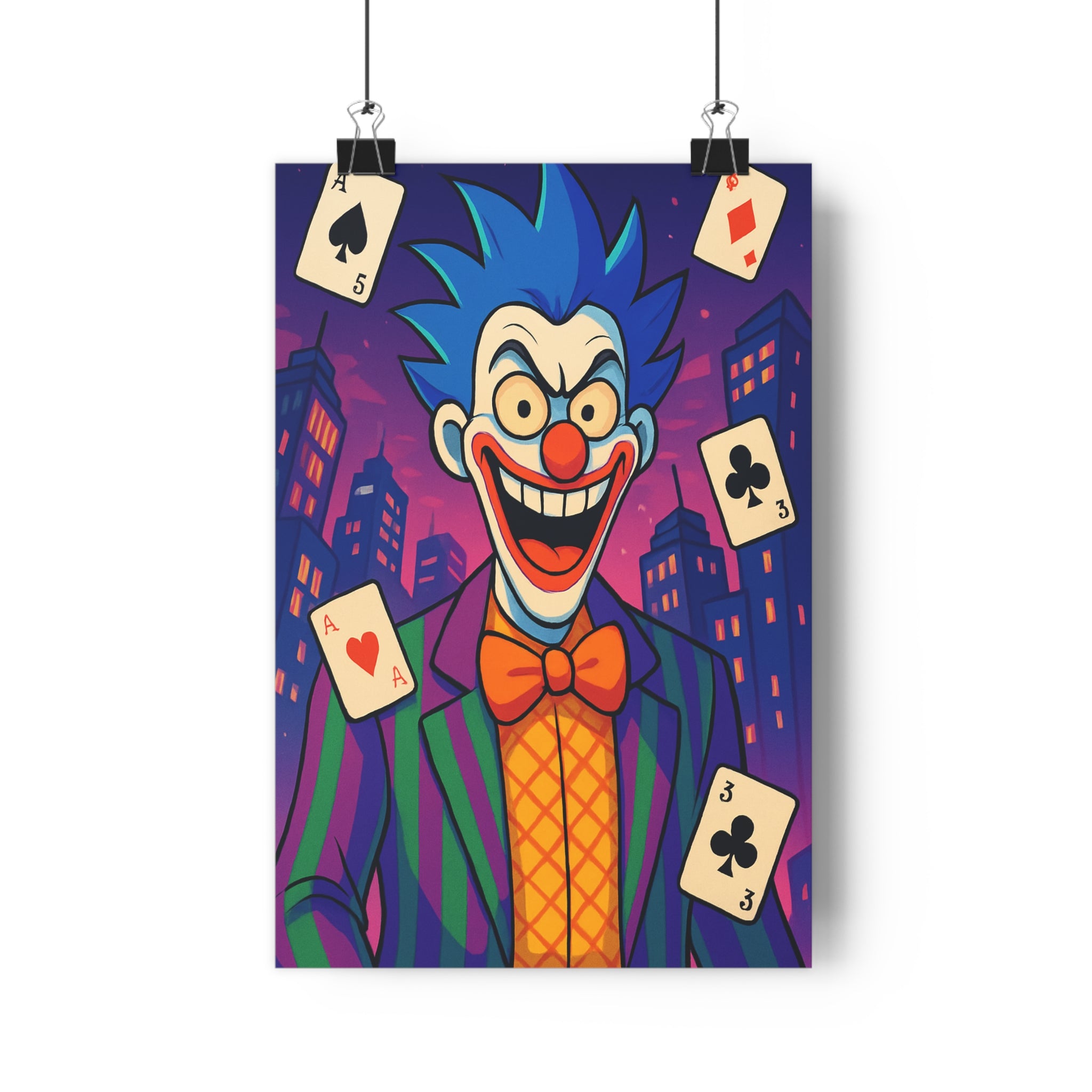 Poster décoratif mystique clown cheveux bleus costume coloré urbain créatif salon moderne ambiance unique