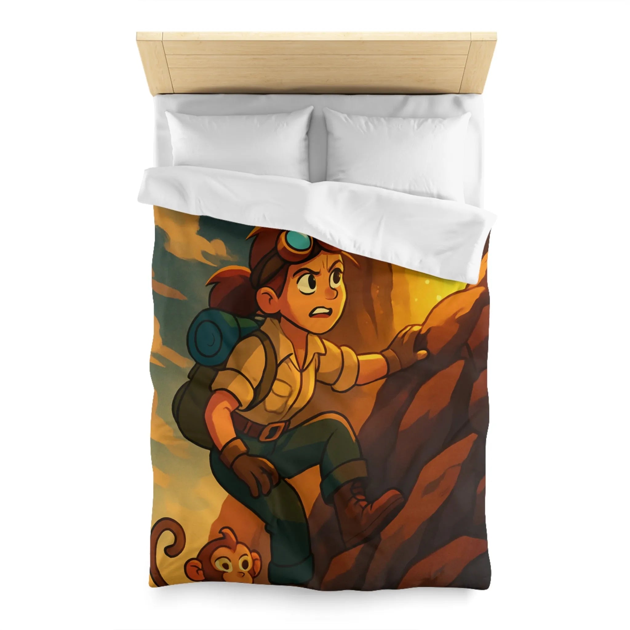Housse de couette aventure colorée avec jeune explorateur et singe devant grotte lumineuse