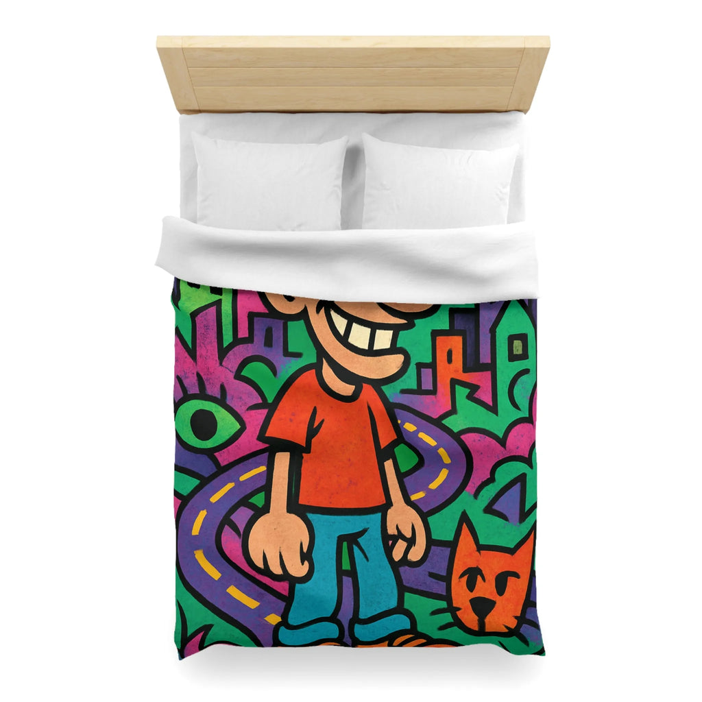 Housse de couette colorée motifs urbains et dessins animés, style pop art dynamique