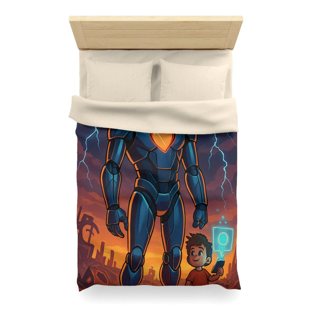Housse de couette illustrée robot et enfant avec cœur lumineux et ciel orageux