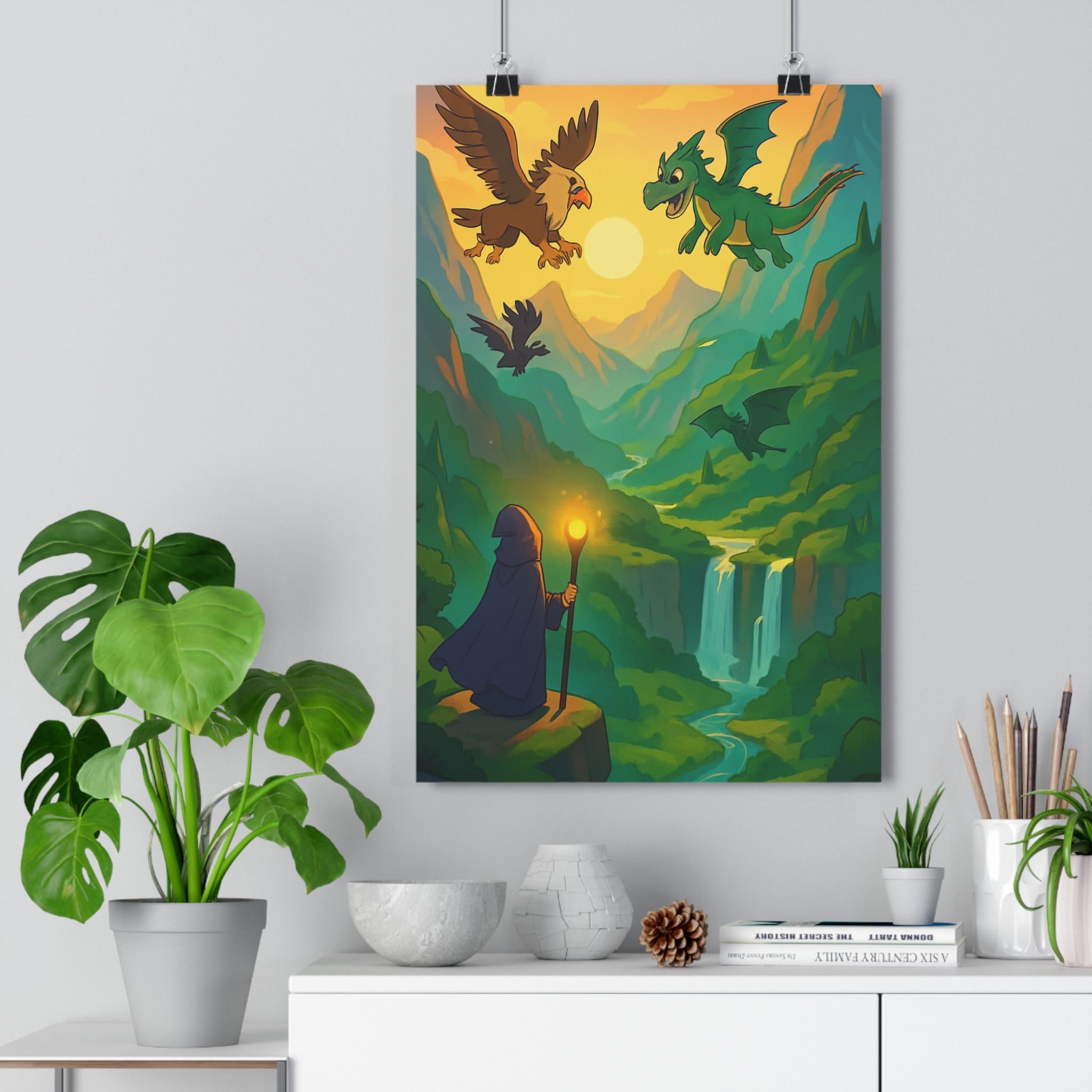 Poster décoratif magique montagnes coucher soleil sorcier griffon dragon épique cartoon féérique chambre enfant