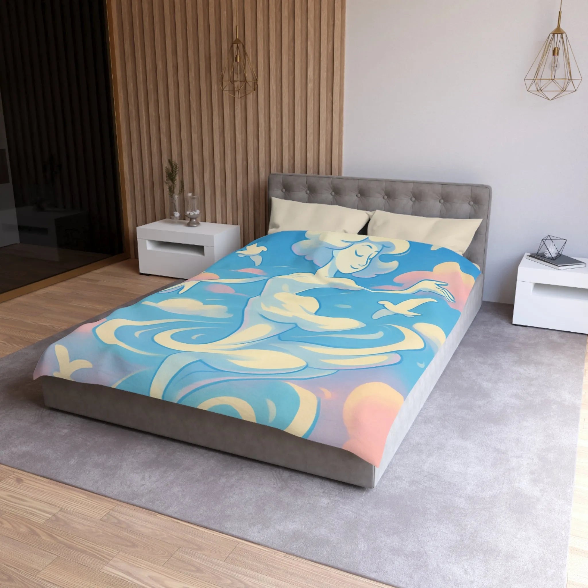 Ciel Enchanté: Housse de Couette Artistique avec Nuages et Oiseaux en Harmonie Paisible