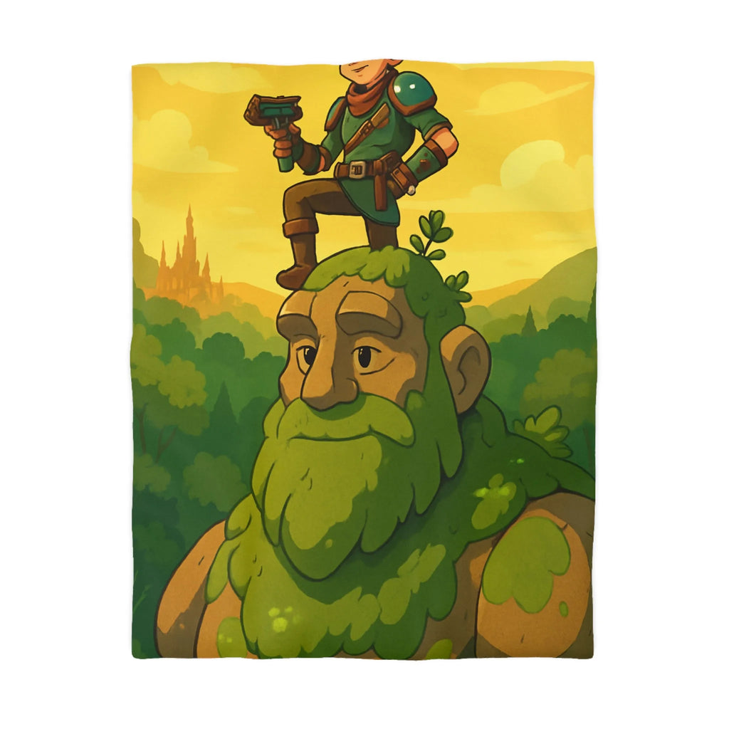 Housse de couette avec aventurier et géant de pierre, tons verts et jaunes