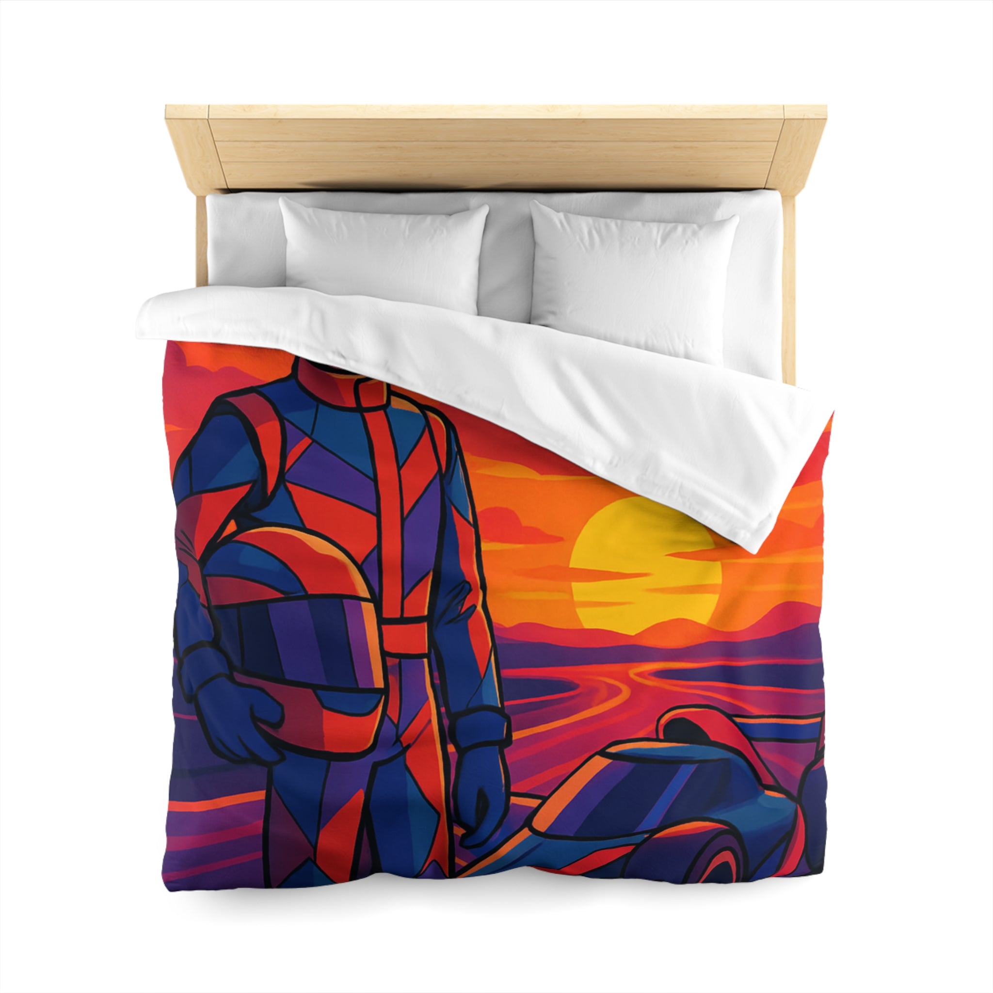 Housse de couette motif pilote de course et voiture au coucher du soleil vibrant