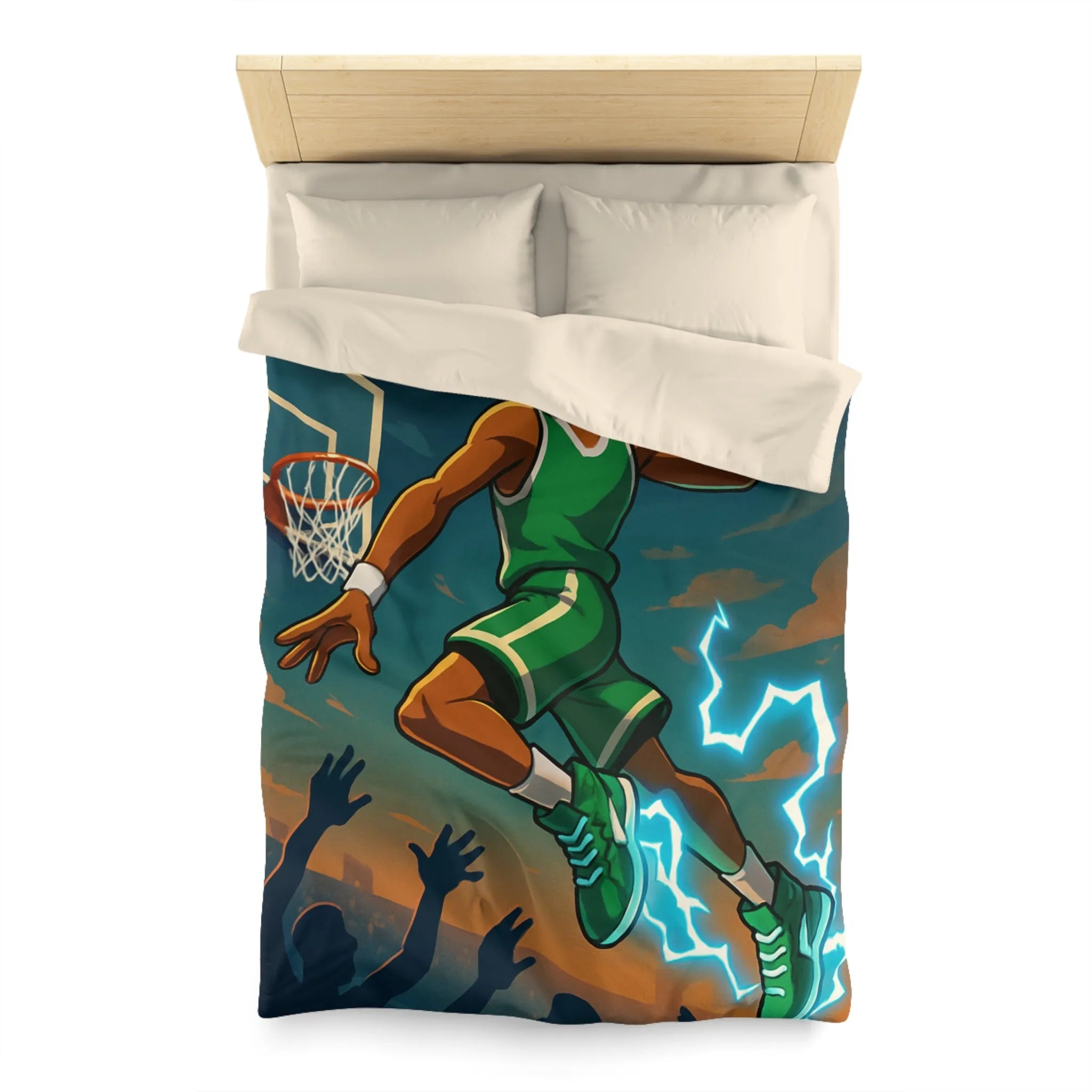 Housse de couette basket dynamique avec joueur en plein slam dunk lumineux