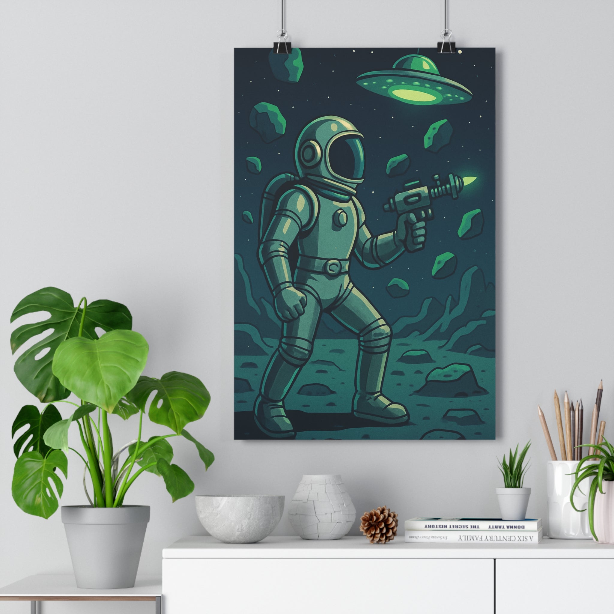 Poster décoratif rétro futuriste vert bleu astronaute aventure cartoon bureau chambre espace 30x46 qualité