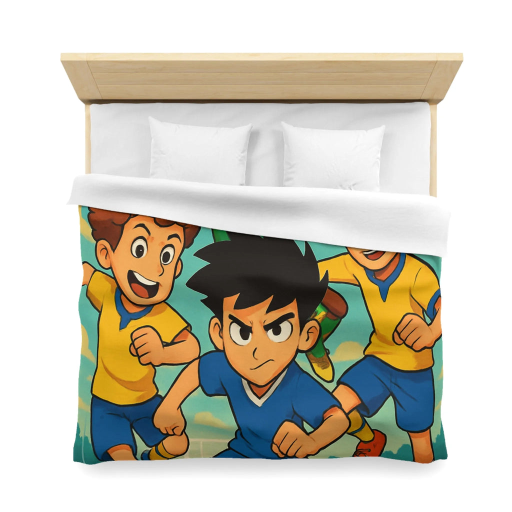 Housse de couette football enthousiaste pour enfants avec joueurs en action et ciel bleu