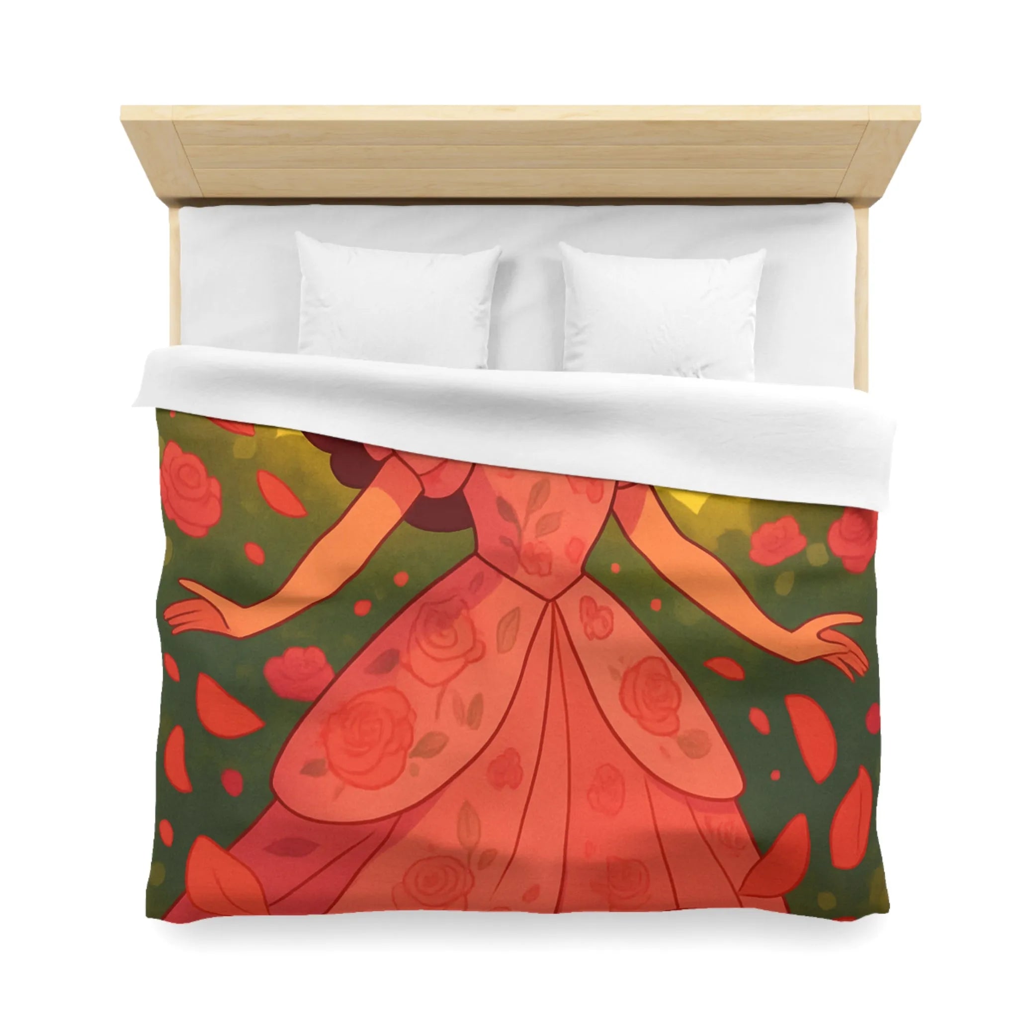 Housse de couette délicatement illustrée avec motif de danse joyeuse parmi les roses rouges