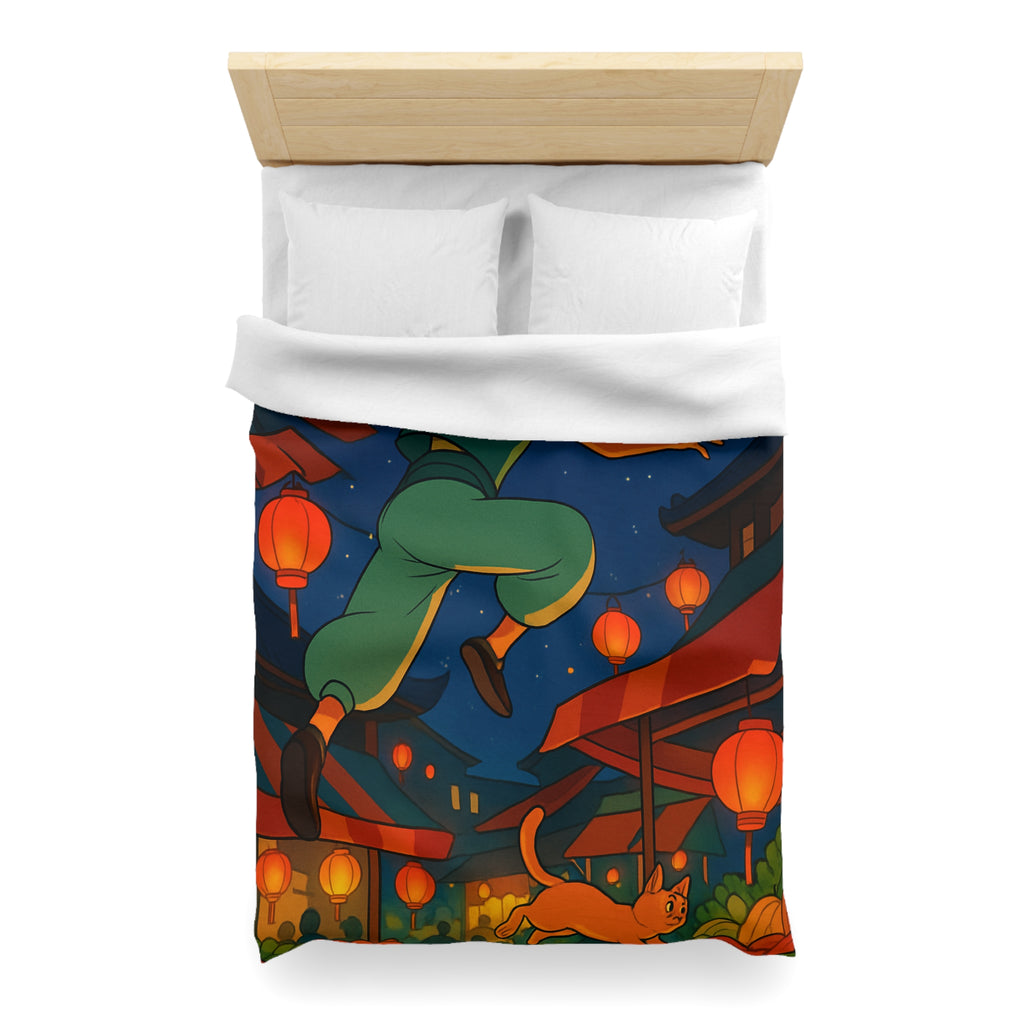 Housse de couette vibrante inspirée d'une scène de marché asiatique nocturne étoilé