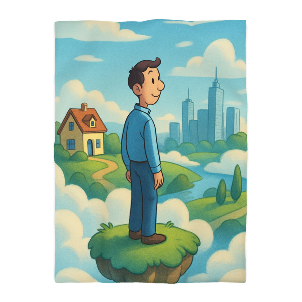 Illustration de rêve serein de paysage flottant avec personnage et ville éloignée