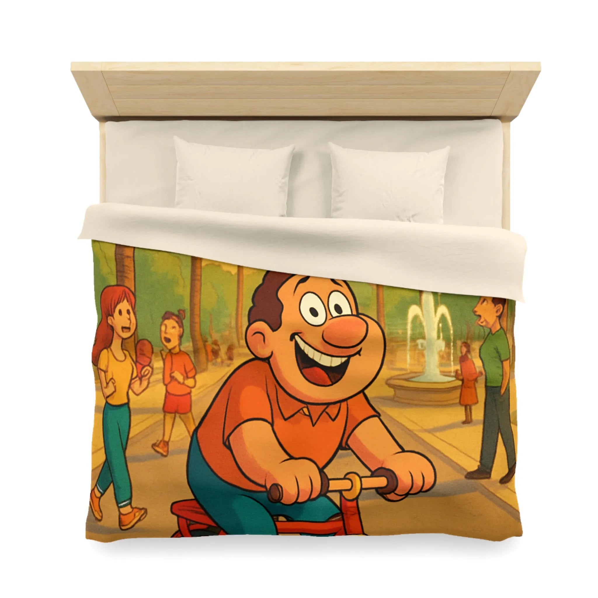 Housse de Couette Cartoon Joyeuse avec Cycliste dans un Parc Tropical et Fontaine