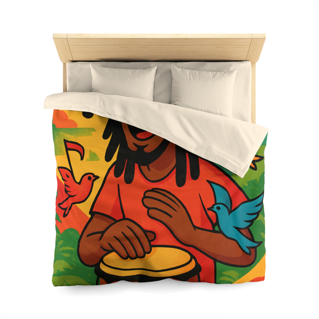 Housse de couette vibrante arc-en-ciel reggae avec tambour, palmiers et oiseaux colorés