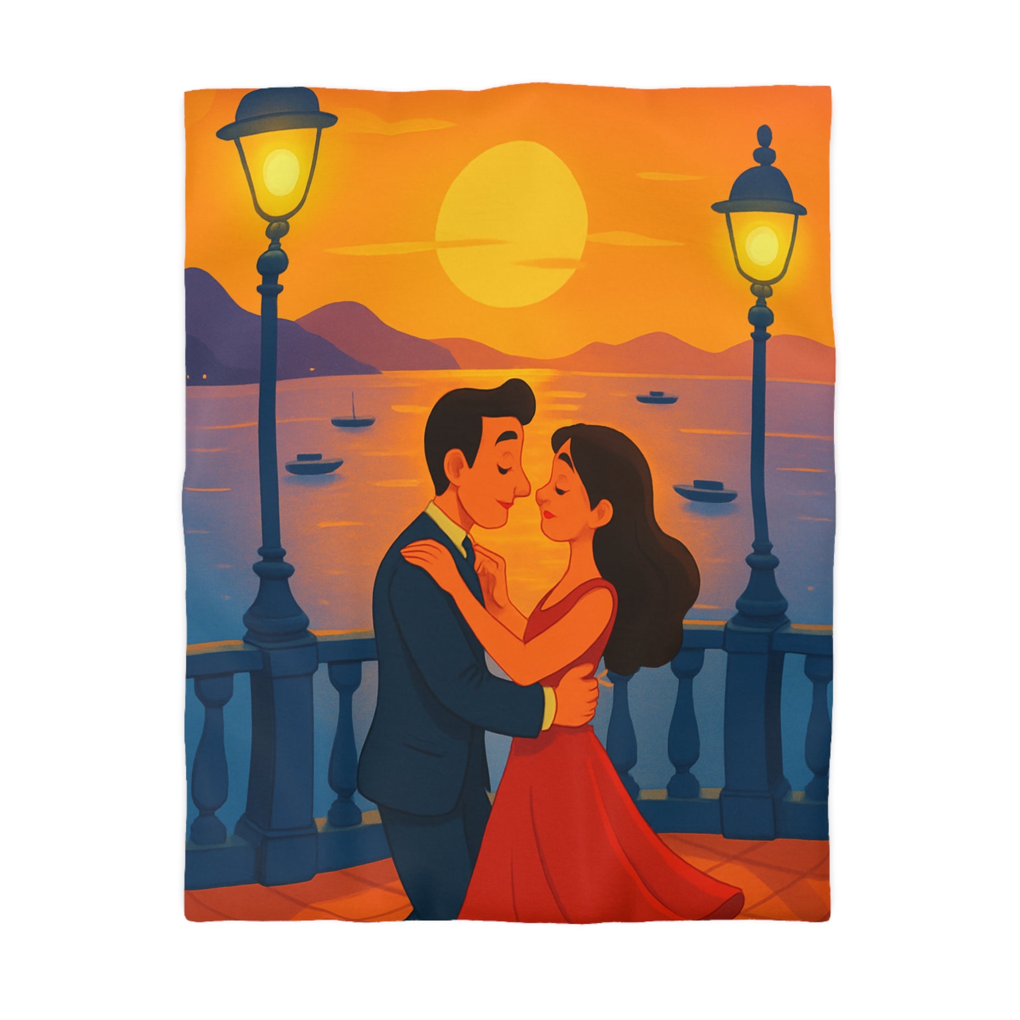 Housse de couette romantique coucher de soleil couple dansant au bord de mer