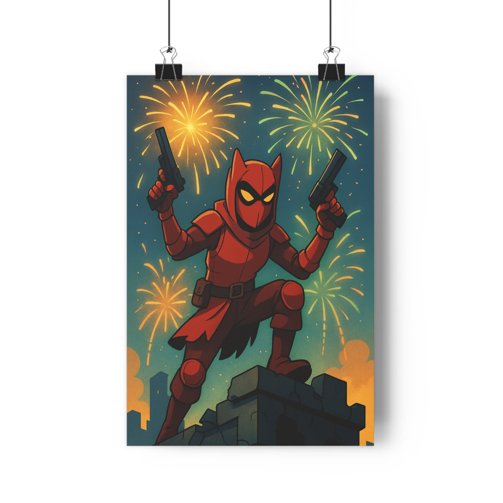 Poster décoratif héros rouge dynamique feux artifice bd vibrant salon chambre aventure action qualité