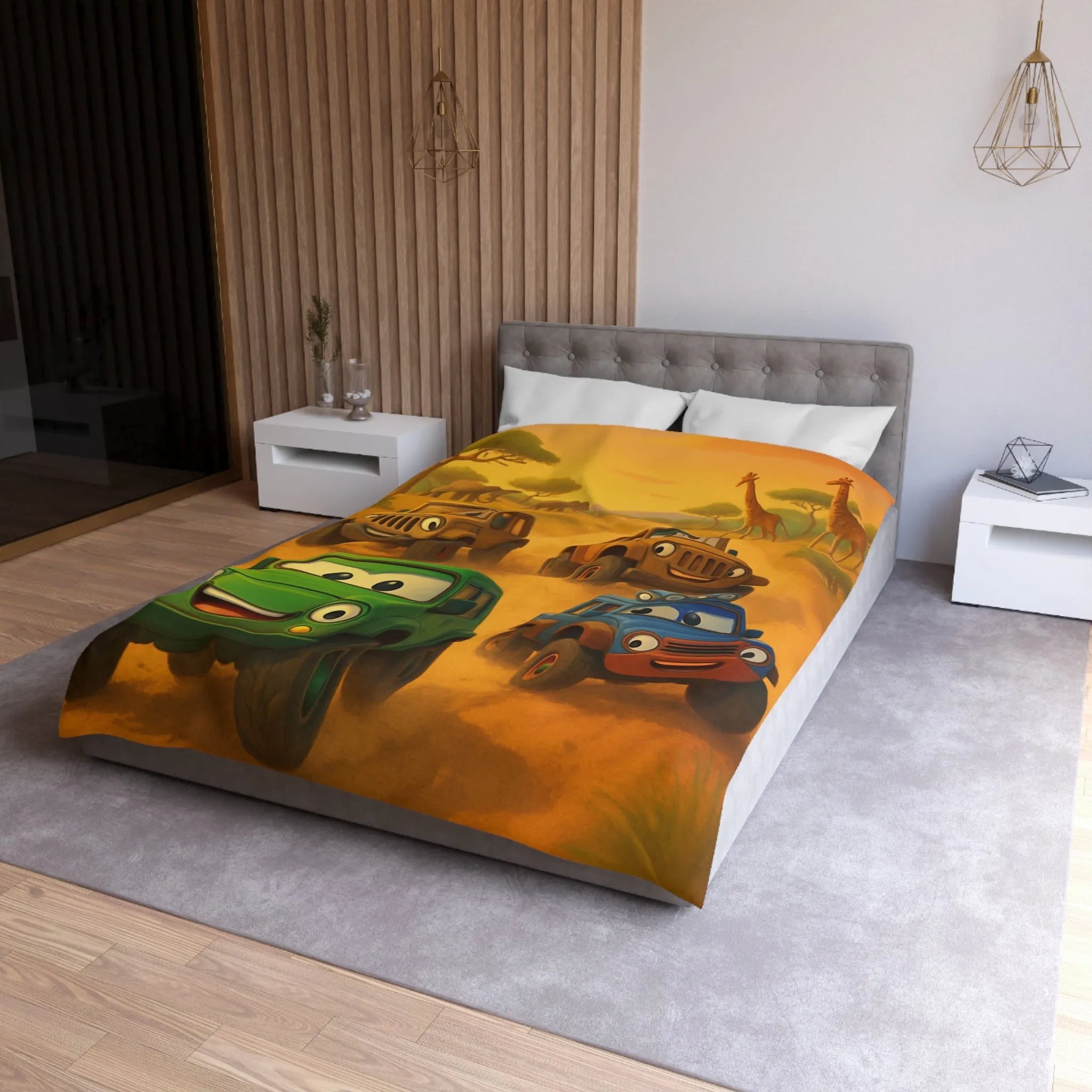 Housse de couette colorée safari savane avec voitures animales pour enfants joyeux