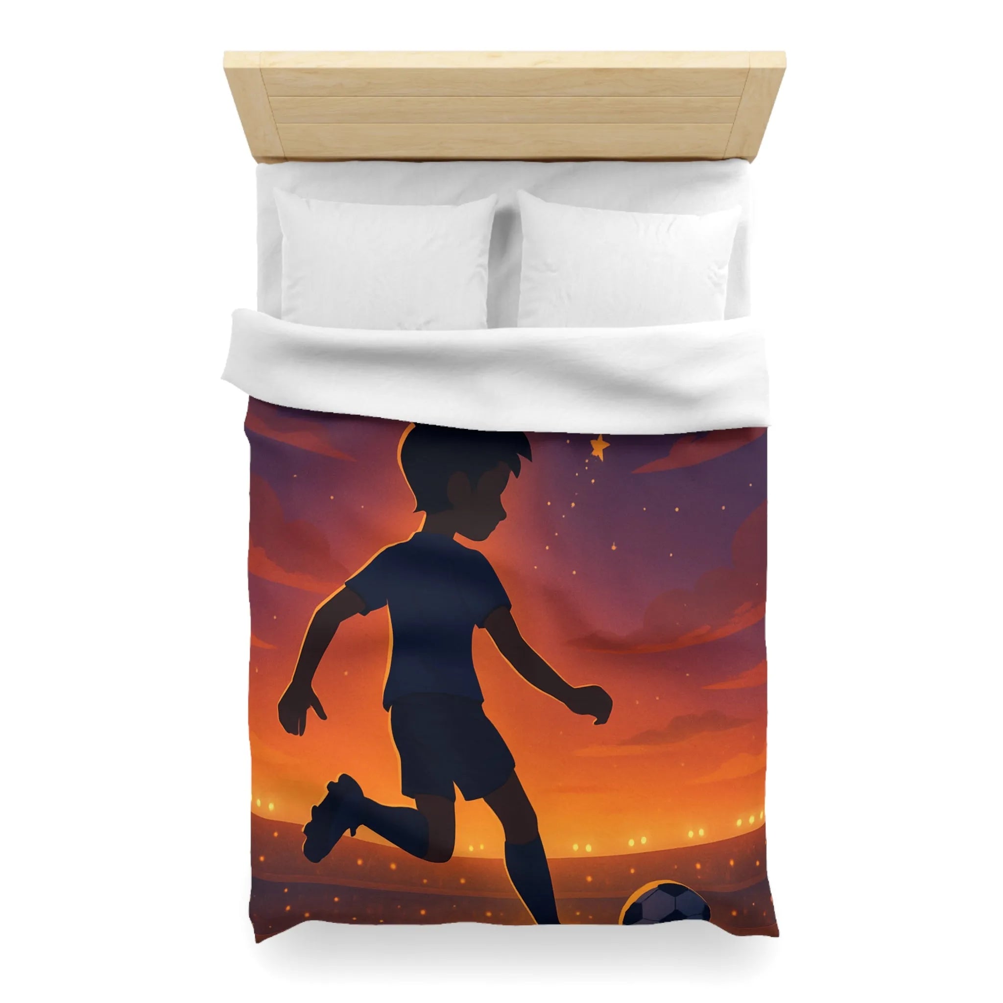 Housse de couette illustrée de garçon jouant au football sous un ciel étoilé inspirant