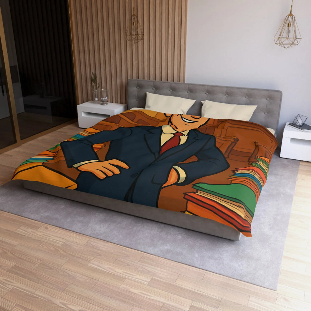 Élégante housse de couette rétro, piles de dossiers colorés, personnage confiant et distingué