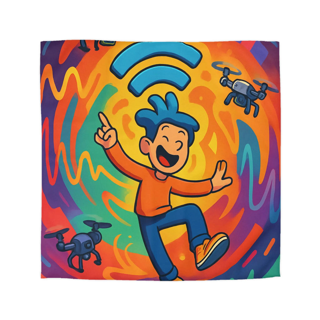 Housse de couette colorée avec personnage joyeux et drones volants autour des ondes