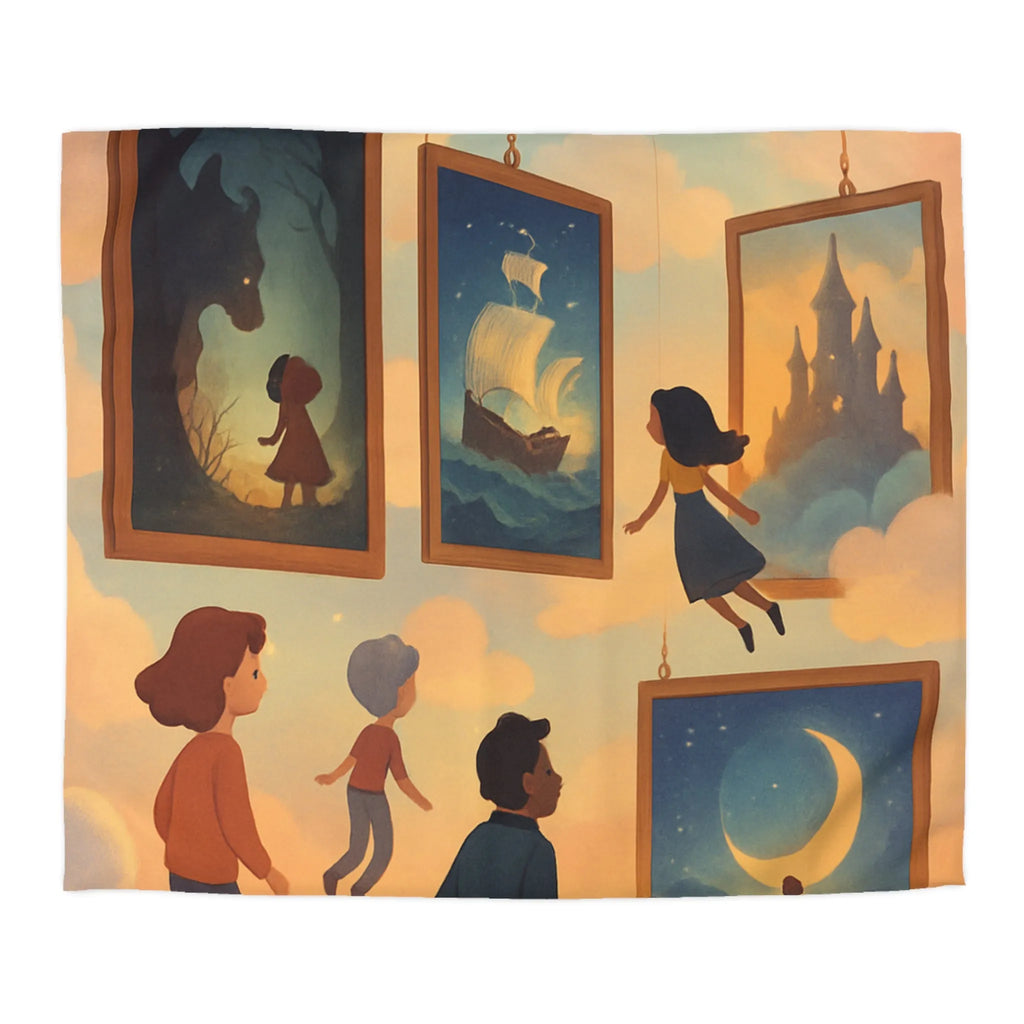 Housse de couette avec enfants volant parmi des tableaux de contes et de rêves