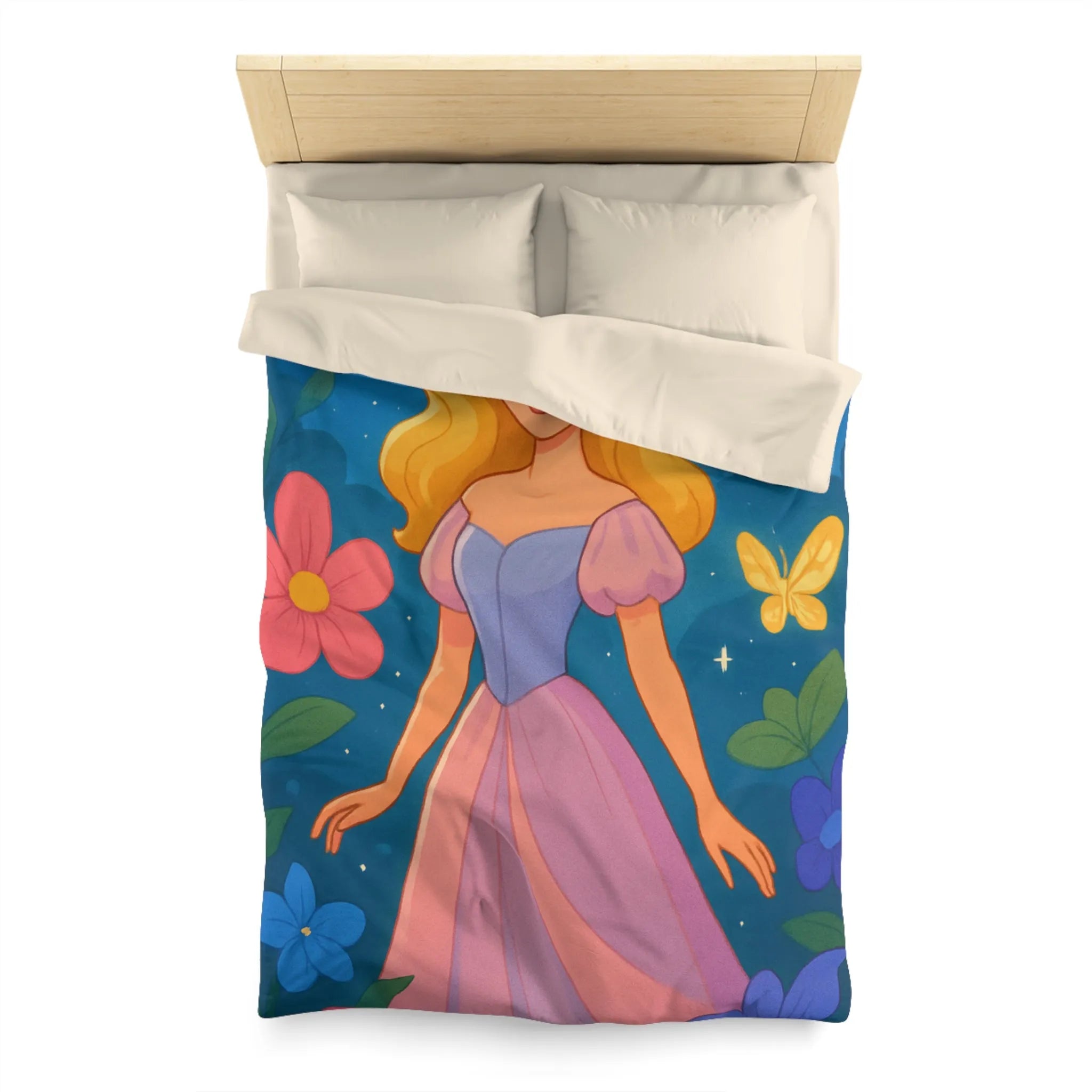 Housse de couette enchantée princesse et château fleurs papillons magique pour chambre enfant