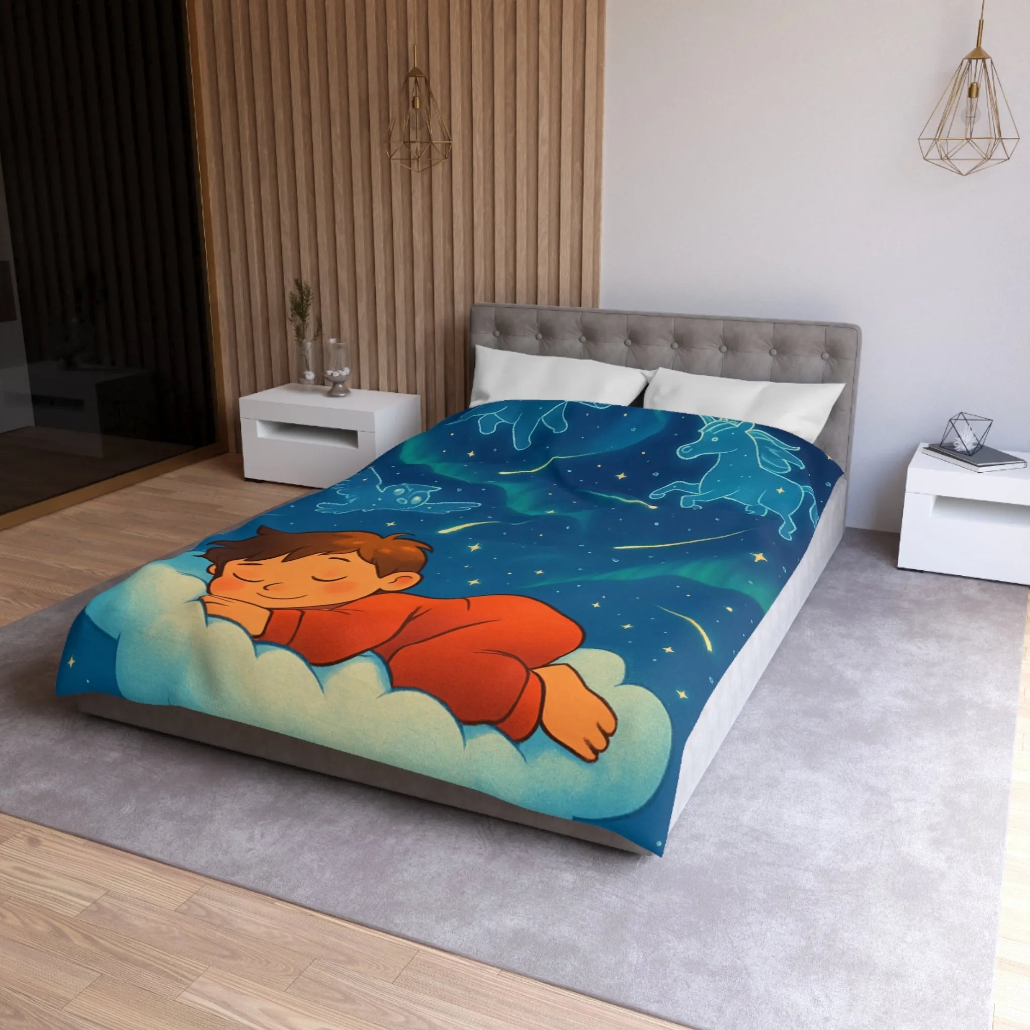 Housse de couette enfant étoilée avec animaux et motifs célestes colorés