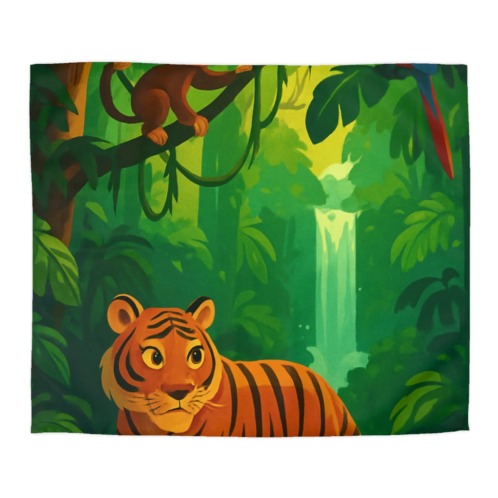 Housse de couette jungle avec tigre, singe et perroquet, cascade en arrière-plan