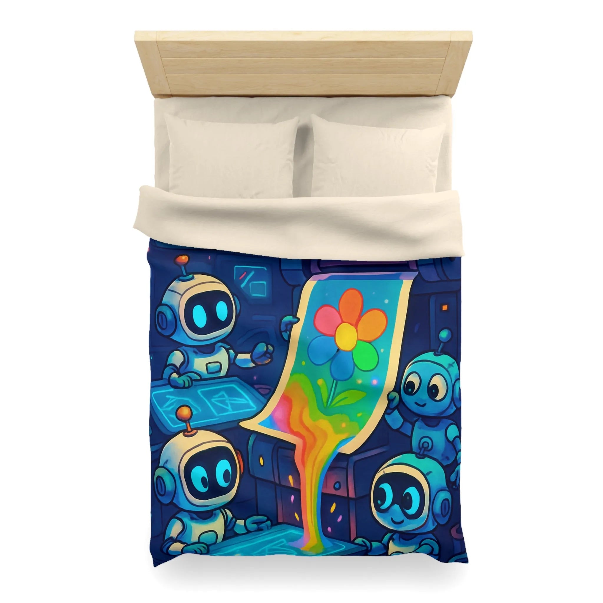 Drôles de robots imprimant une fleur colorée dans un atelier futuriste lumineux