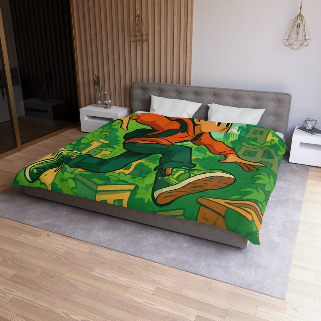 Housse de Couette Motif Urbain Vert avec Garçon Aventurier en Tenue Décontractée