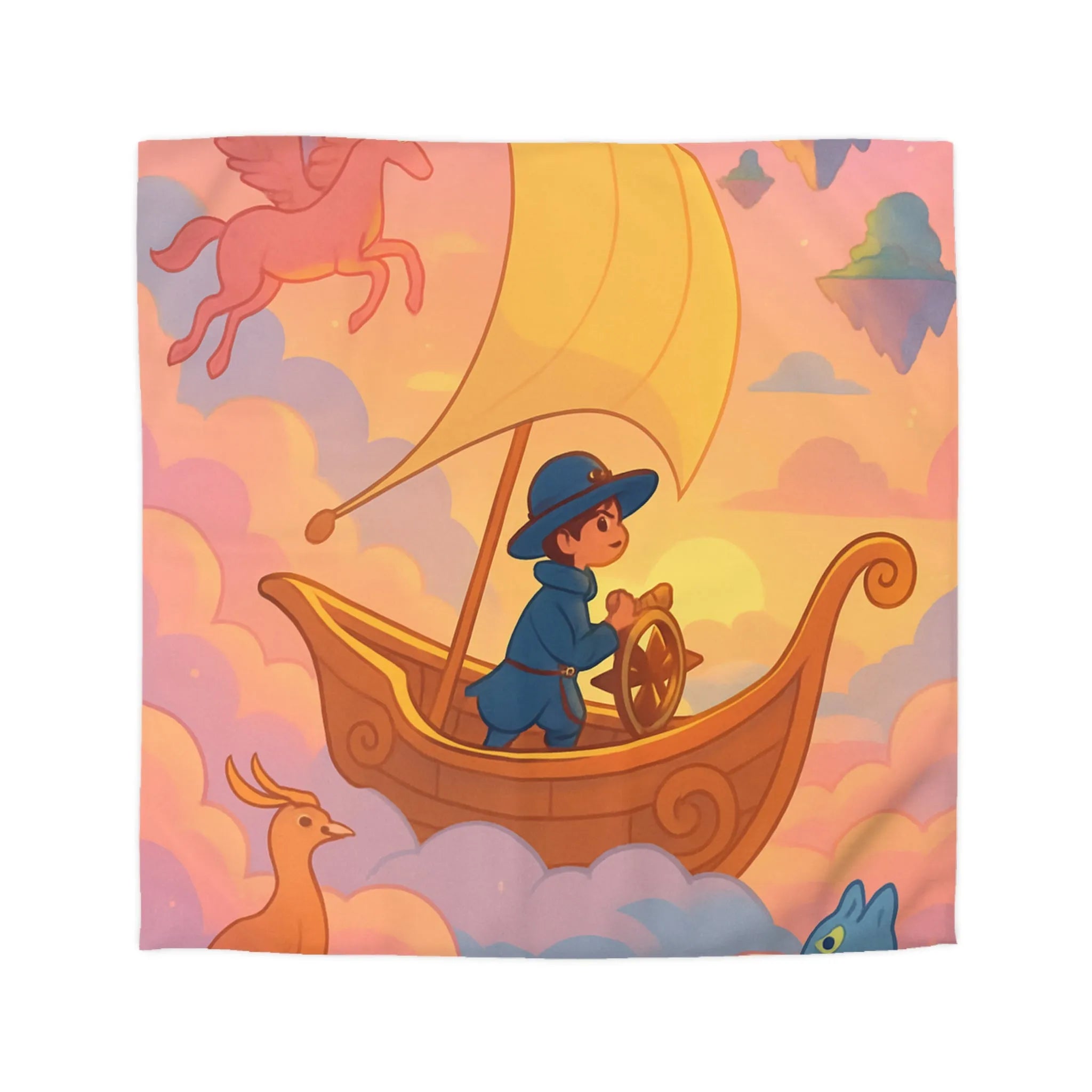 Housse de Couette Enchantée Avec Licorne et Bateau Volant Dans le Ciel Éthéré