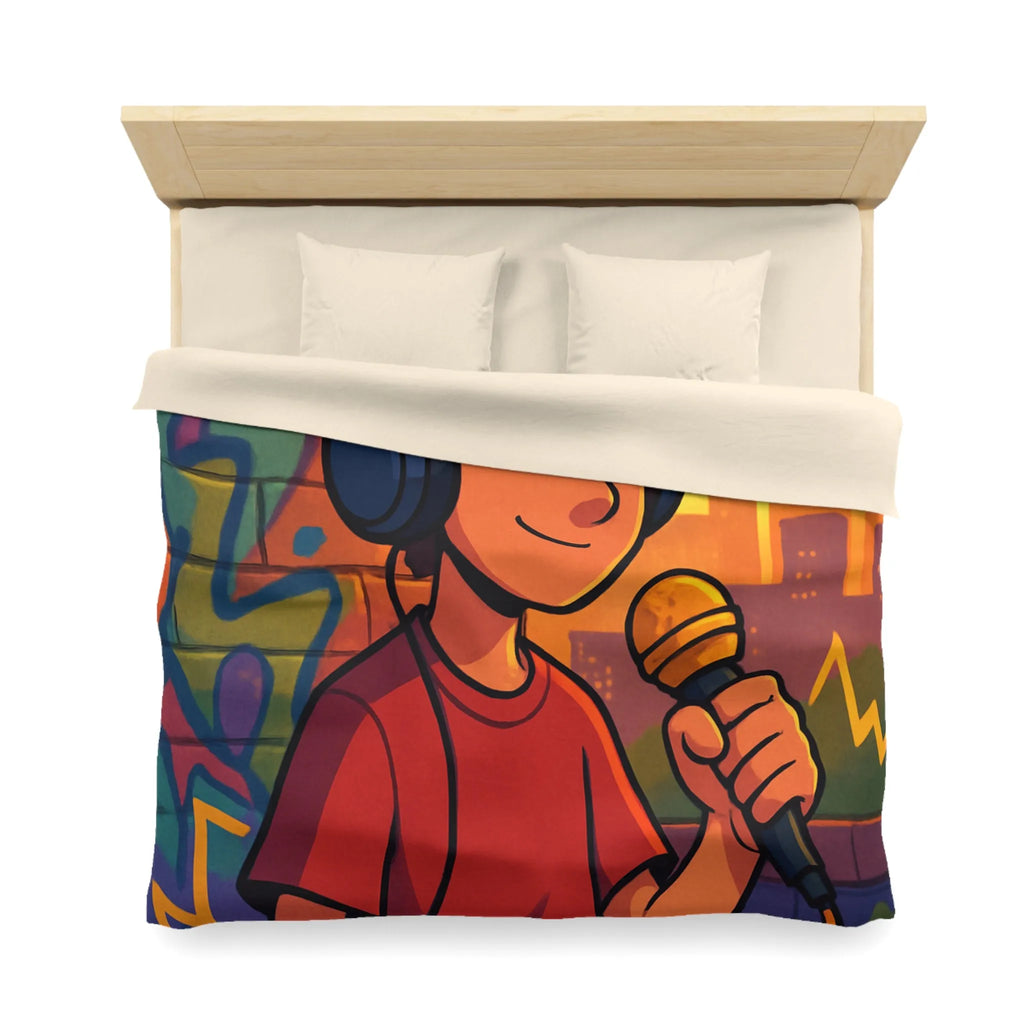 Housse de couette graphique urbaine avec chanteur et microphone sur fond coloré