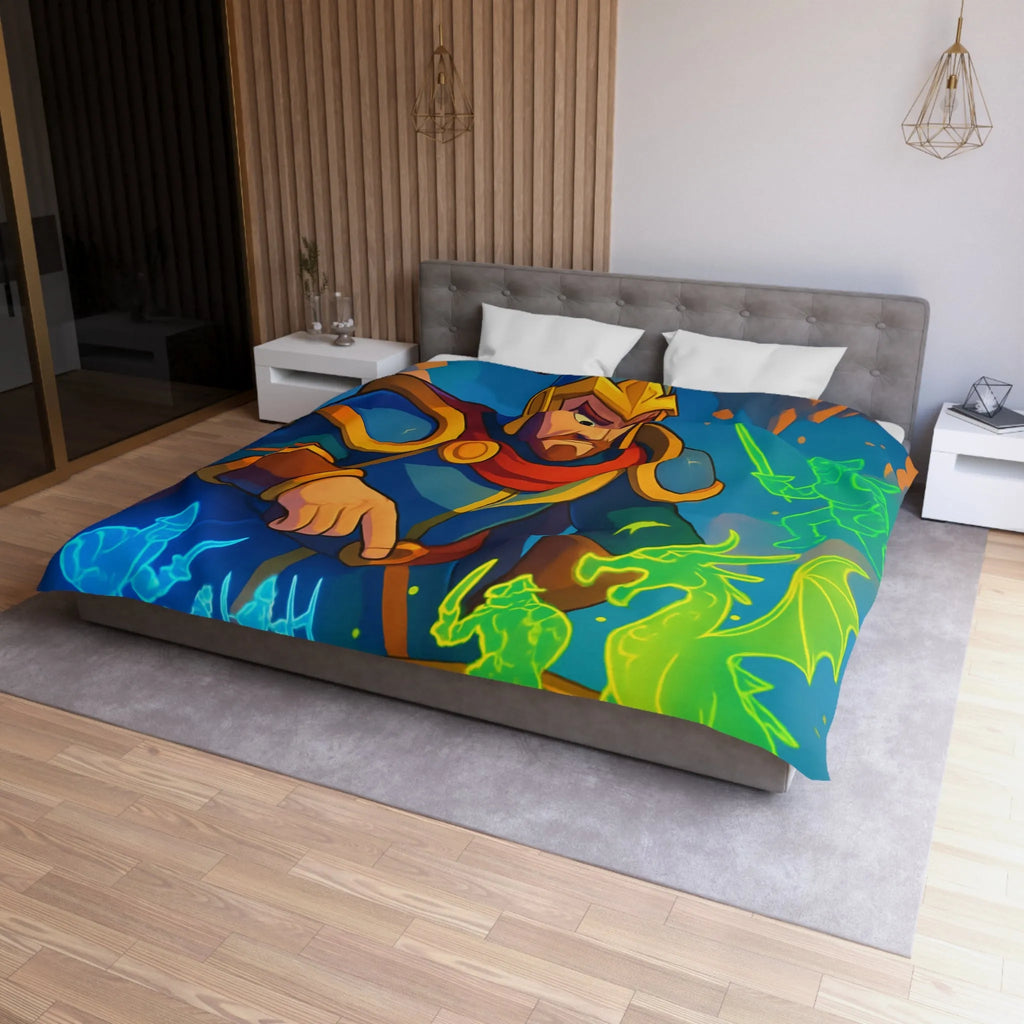 Housse de couette épique guerriers médiévaux et dragon sur plateau de jeu fantastique